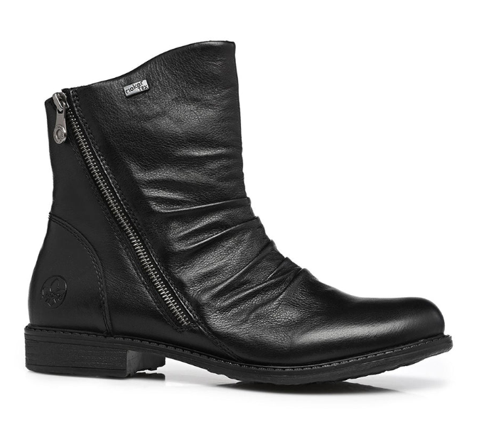 A black leather ankle boot with a side zipper, shown in a side profile view against a white background.