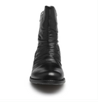 A single black leather ankle boot shown from a front-facing perspective on a clean white background.