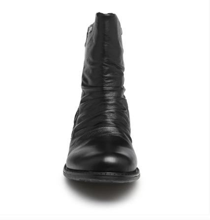 A single black leather ankle boot shown from a front-facing perspective on a clean white background.