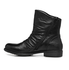 A single black leather ankle boot with a side zipper, shown in profile against a plain white background.