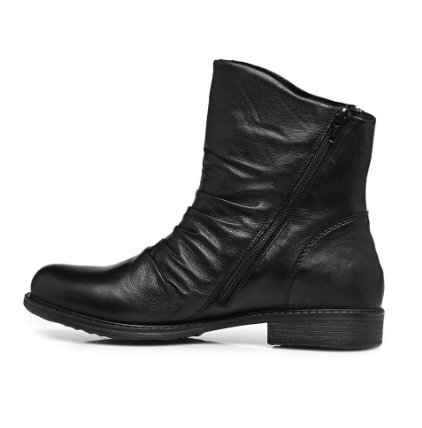 A single black leather ankle boot with a side zipper, shown in profile against a plain white background.