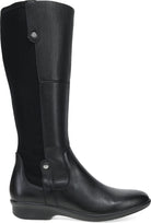 A black knee-high leather boot with a textured pebbled finish, featuring a side zipper with silver-tone metal snaps, set against a plain white background.