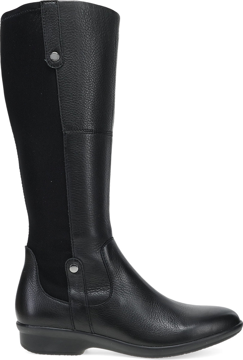 A black knee-high leather boot with a textured pebbled finish, featuring a side zipper with silver-tone metal snaps, set against a plain white background.
