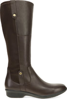 A dark brown leather knee-high riding boot with a low black heel and gold-tone snap button details, shown from a side profile on a white background.