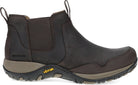 A dark brown Vibram Chelsea-style ankle boot with elastic side panels, a pull tab, and a rugged sole, shown on a plain white background.