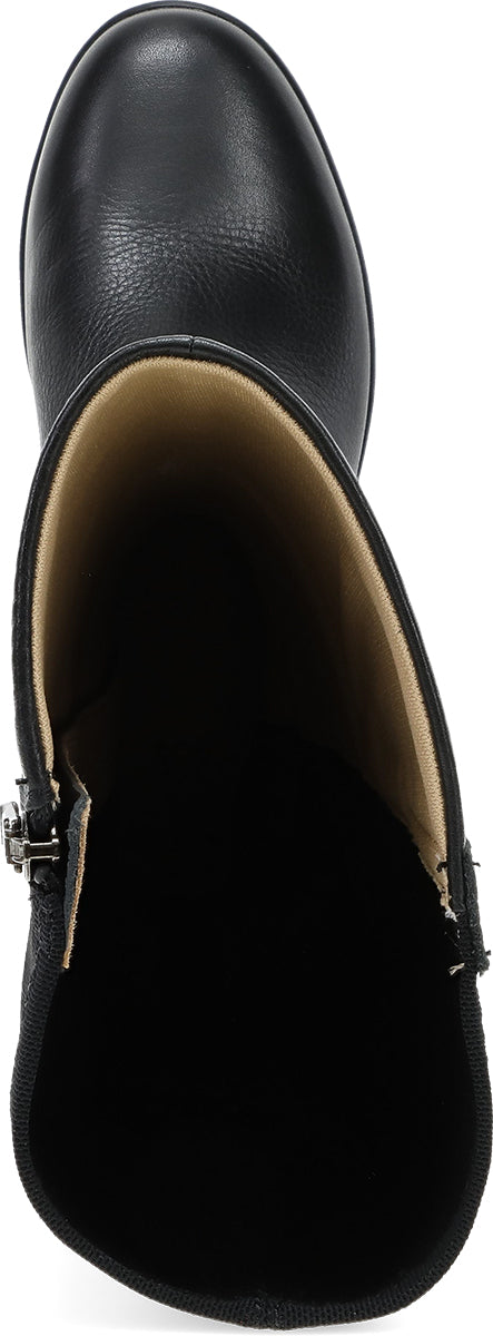 A black leather ankle boot shown from a top-down angle, featuring a side zipper with a small metal buckle and a tan interior lining.
