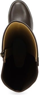 A close-up top-down view of a dark brown leather ankle boot, showing the smooth exterior and a contrasting tan interior lining.