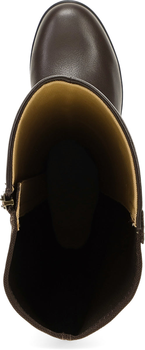 A close-up top-down view of a dark brown leather ankle boot, showing the smooth exterior and a contrasting tan interior lining.