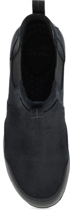 A black slip-on ankle boot with a suede-like finish, shown from a top-down perspective on a white background.