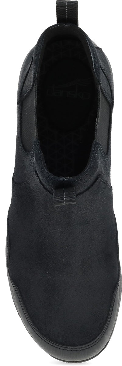 A black slip-on ankle boot with a suede-like finish, shown from a top-down perspective on a white background.