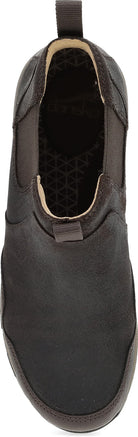 A dark brown slip-on shoe with a textured upper, elastic side panels, and a pull tab, shown from a top-down perspective on a white background.