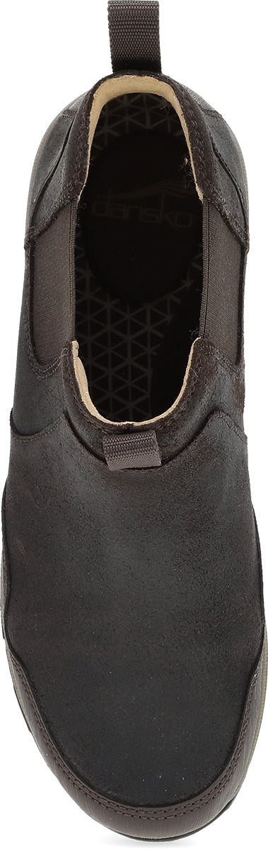 A dark brown slip-on shoe with a textured upper, elastic side panels, and a pull tab, shown from a top-down perspective on a white background.