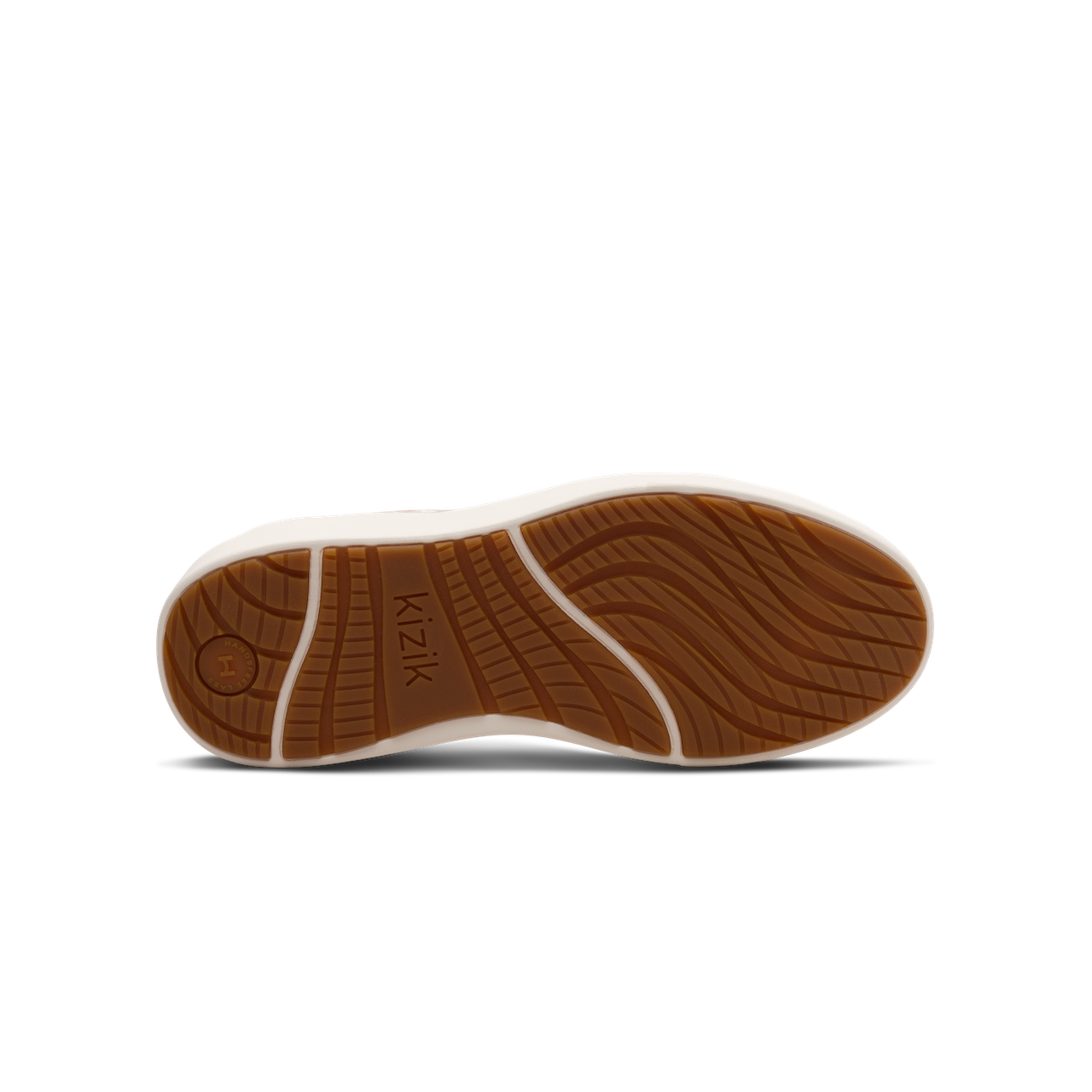 Brown sole of a shoe with 'Kizik' branding on a white background