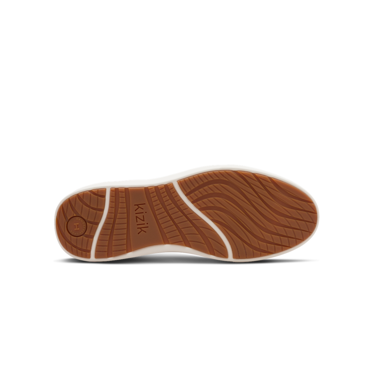Close-up of a shoe sole with 'kizik' branding on a white background
