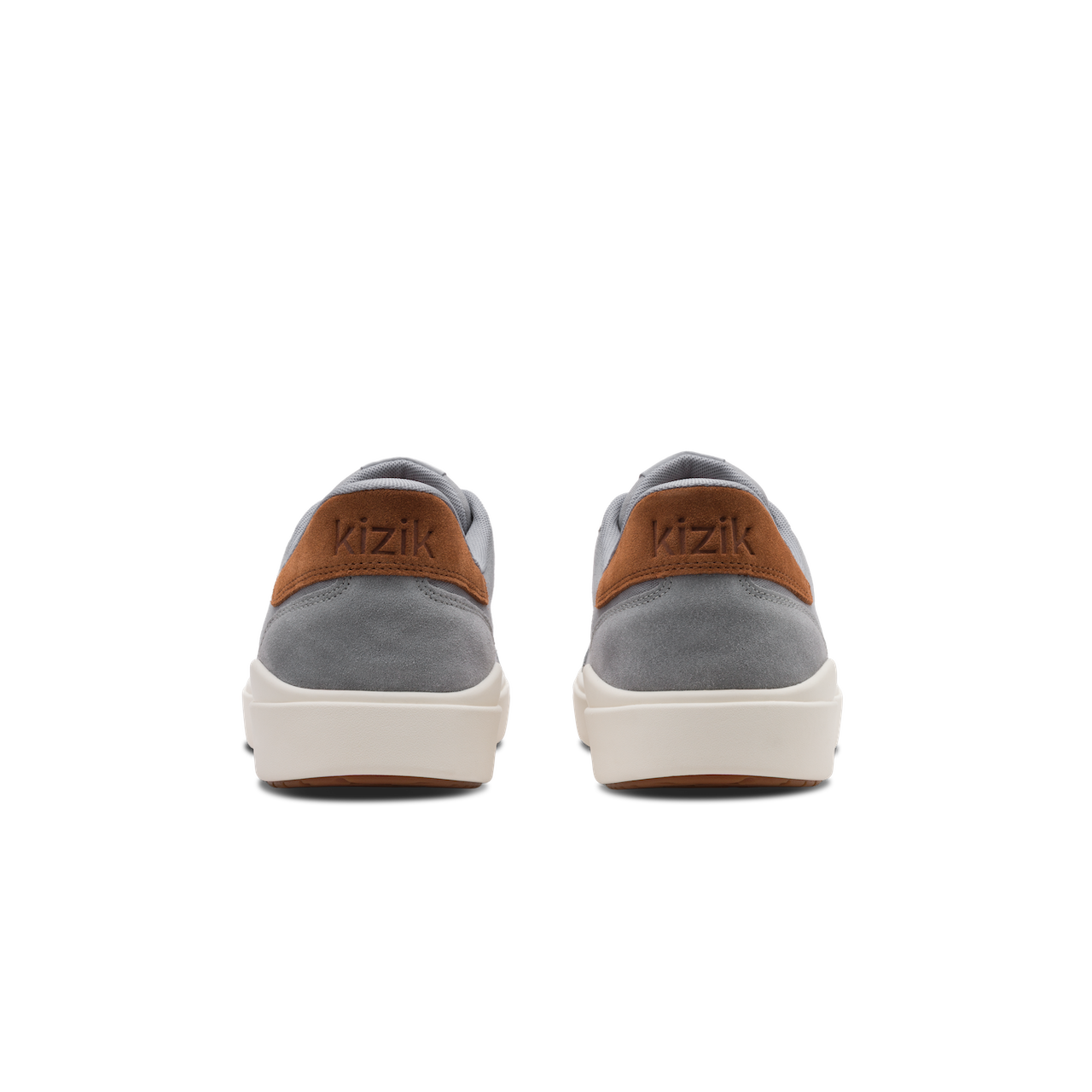 Gray sneakers with brown accents and 'kizik' branding on a white background