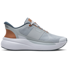 Gray running shoe with brown accents on a white background