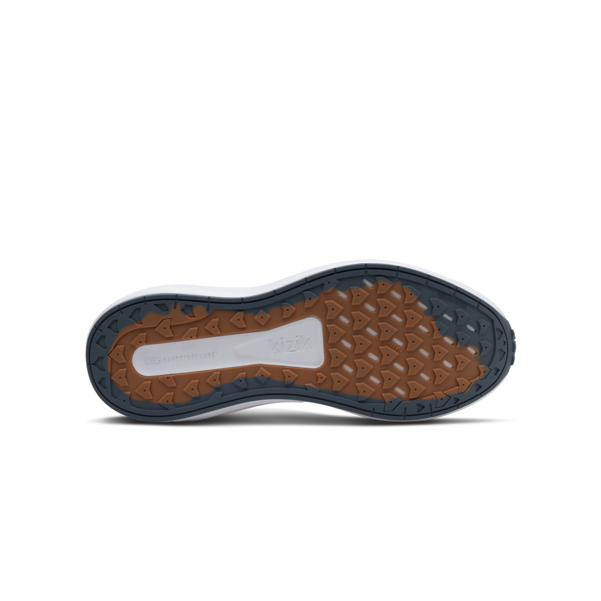 Close-up of a shoe sole with brown and blue tread pattern on a white background