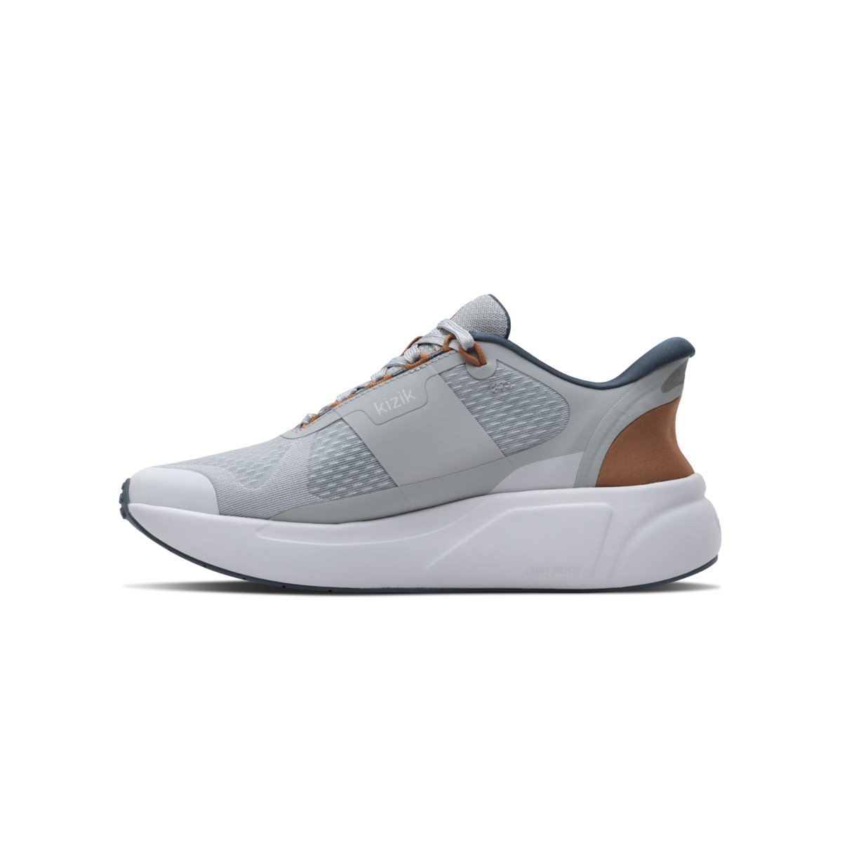 Gray athletic shoe with brown accents on a white background