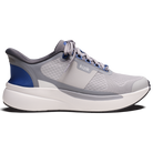 Gray and blue running shoe with white sole on a white background