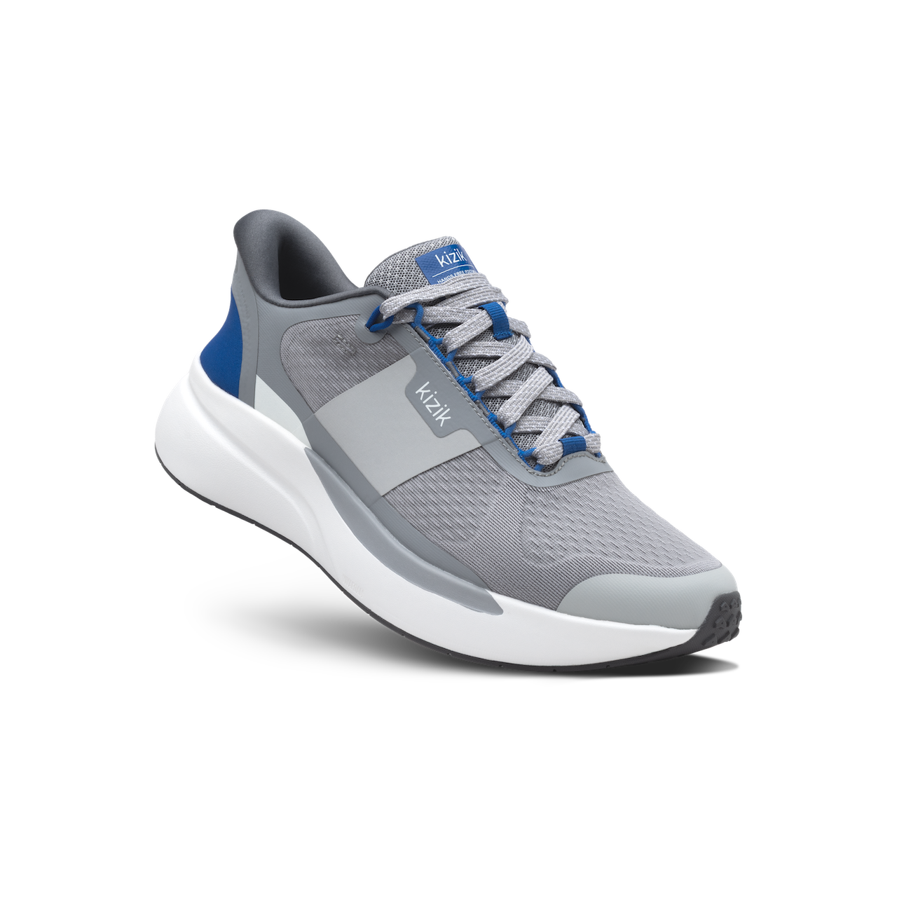 Gray athletic shoe with blue accents on a black background