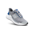 Gray athletic shoe with blue accents on a black background