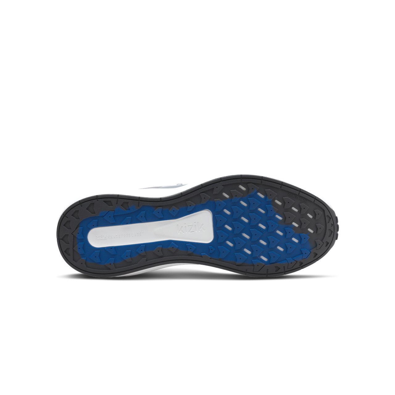 Close-up of a shoe sole with blue and black pattern on a white background