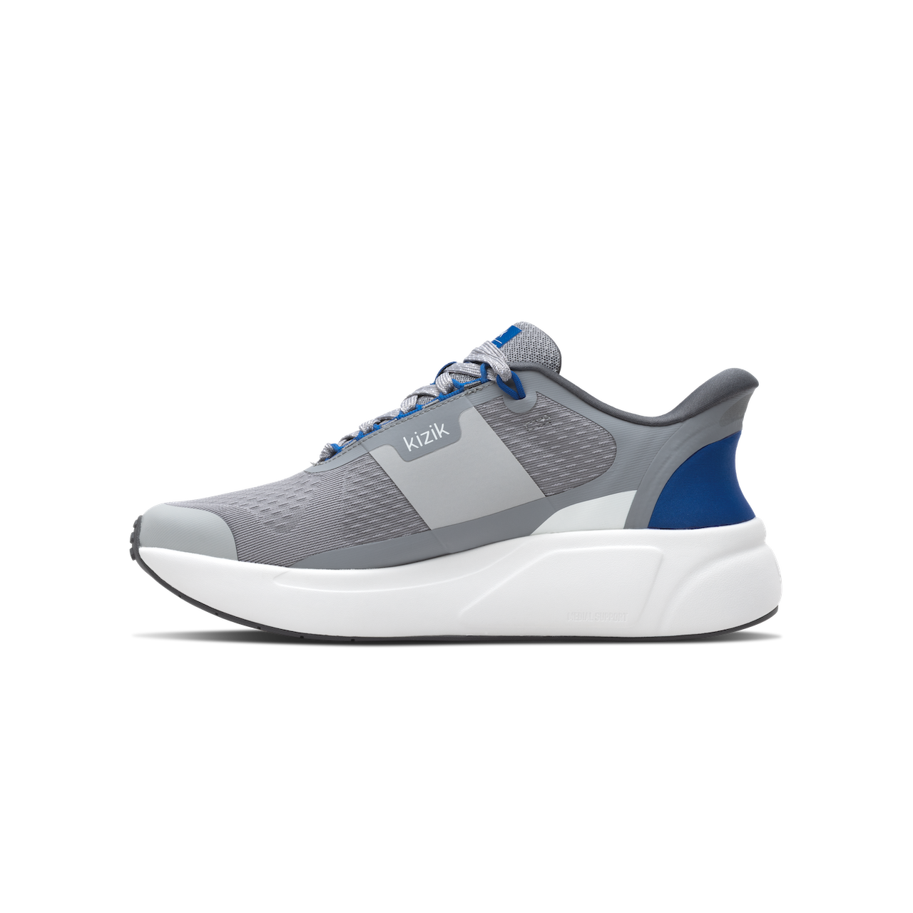 Gray and blue running shoe with white sole on a white background