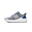 Gray and blue running shoe with white sole on a white background