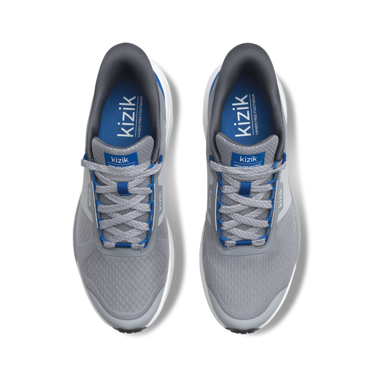 Gray sneakers with blue accents and 'kizik' branding on a white background