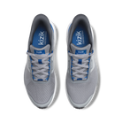 Gray sneakers with blue accents and 'kizik' branding on a white background