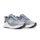Gray and blue athletic shoes on a white background