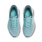 Pair of light blue running shoes with gray accents on a white background