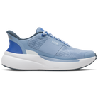 Blue running shoe with white sole on a white background
