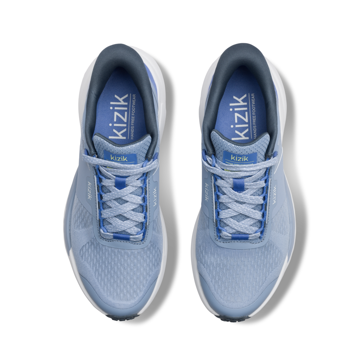 Pair of blue running shoes with 'kizik' branding on a black background