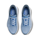 Pair of blue running shoes with 'kizik' branding on a black background