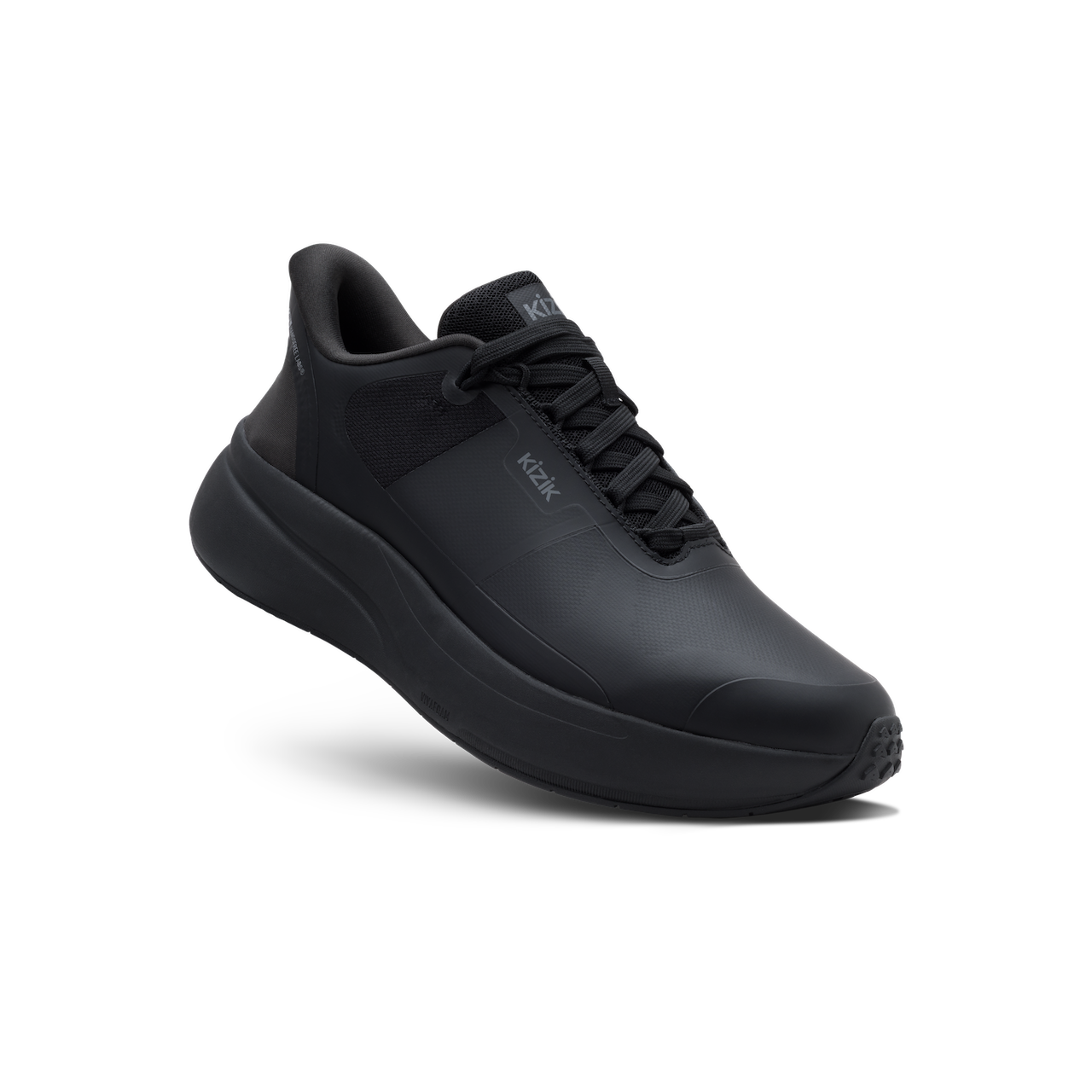 A black low-top athletic sneaker with a chunky platform sole, shown at a three-quarter angle on a white background.