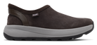 A dark brown slip-on shoe with a textured suede-like upper, a gray midsole, and a black outsole, shown from a side profile view on a white background.