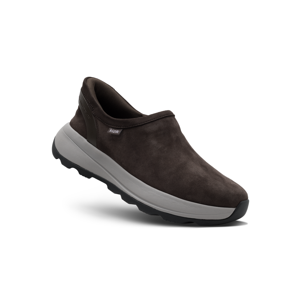 A dark brown slip-on shoe with a textured suede-like upper, a thick light gray midsole, and a black outsole, shown on a white background.