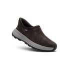 A dark brown slip-on shoe with a textured suede-like upper, a thick light gray midsole, and a black outsole, shown on a white background.