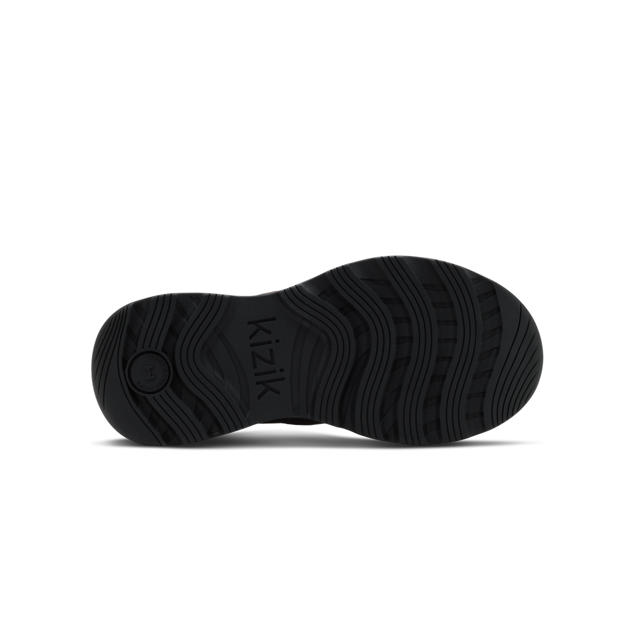 Black shoe sole with wavy tread pattern and embossed 'kizik' branding, shown from a top-down view on a white background.
