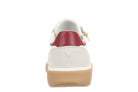 A single white leather shoe shown from the back, featuring a deep burgundy heel tab, a small gold buckle detail, and a thick beige gum sole.
