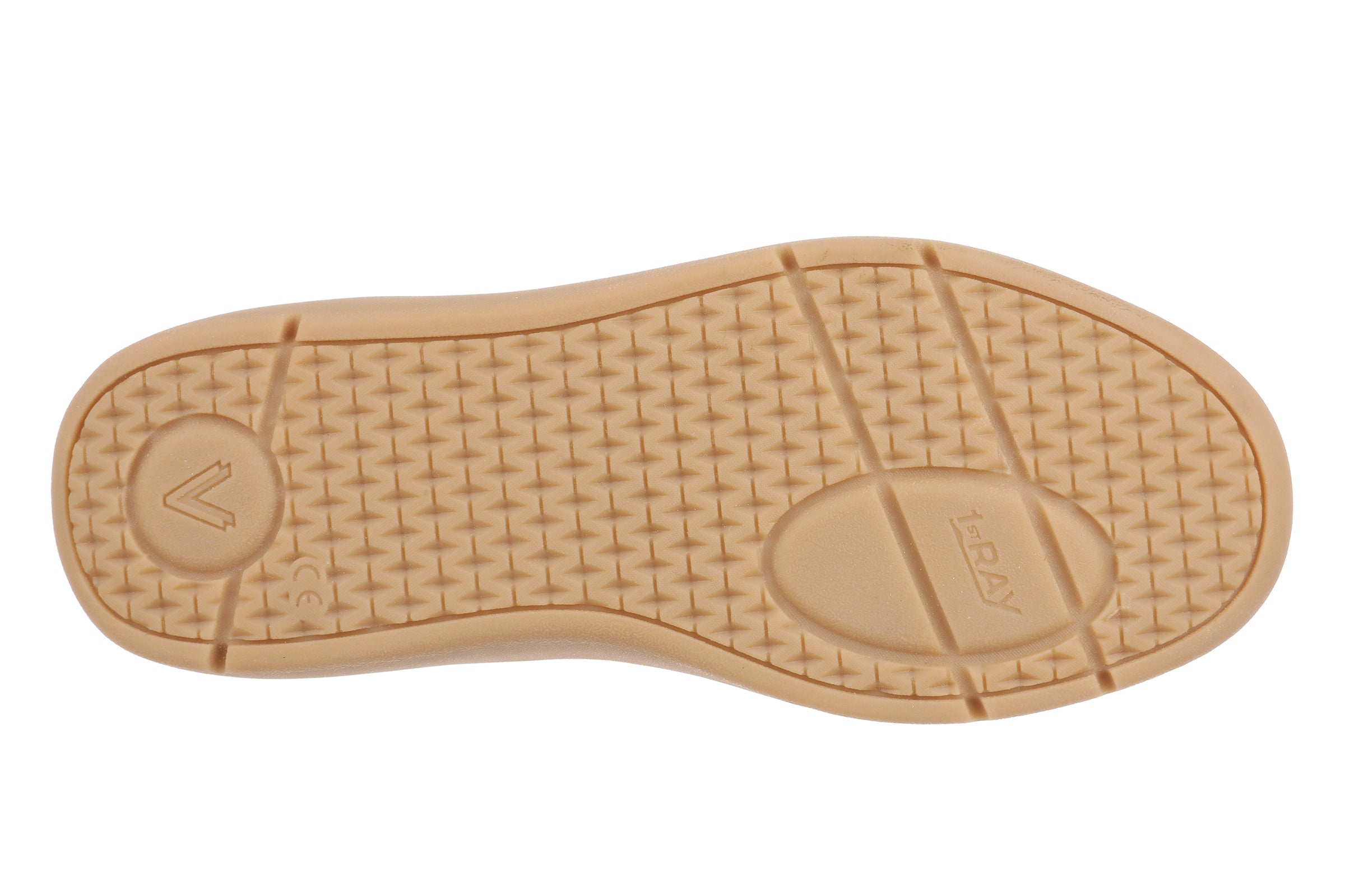 The outsole of a tan shoe, showing a textured tread pattern and embossed branding on a plain white background.