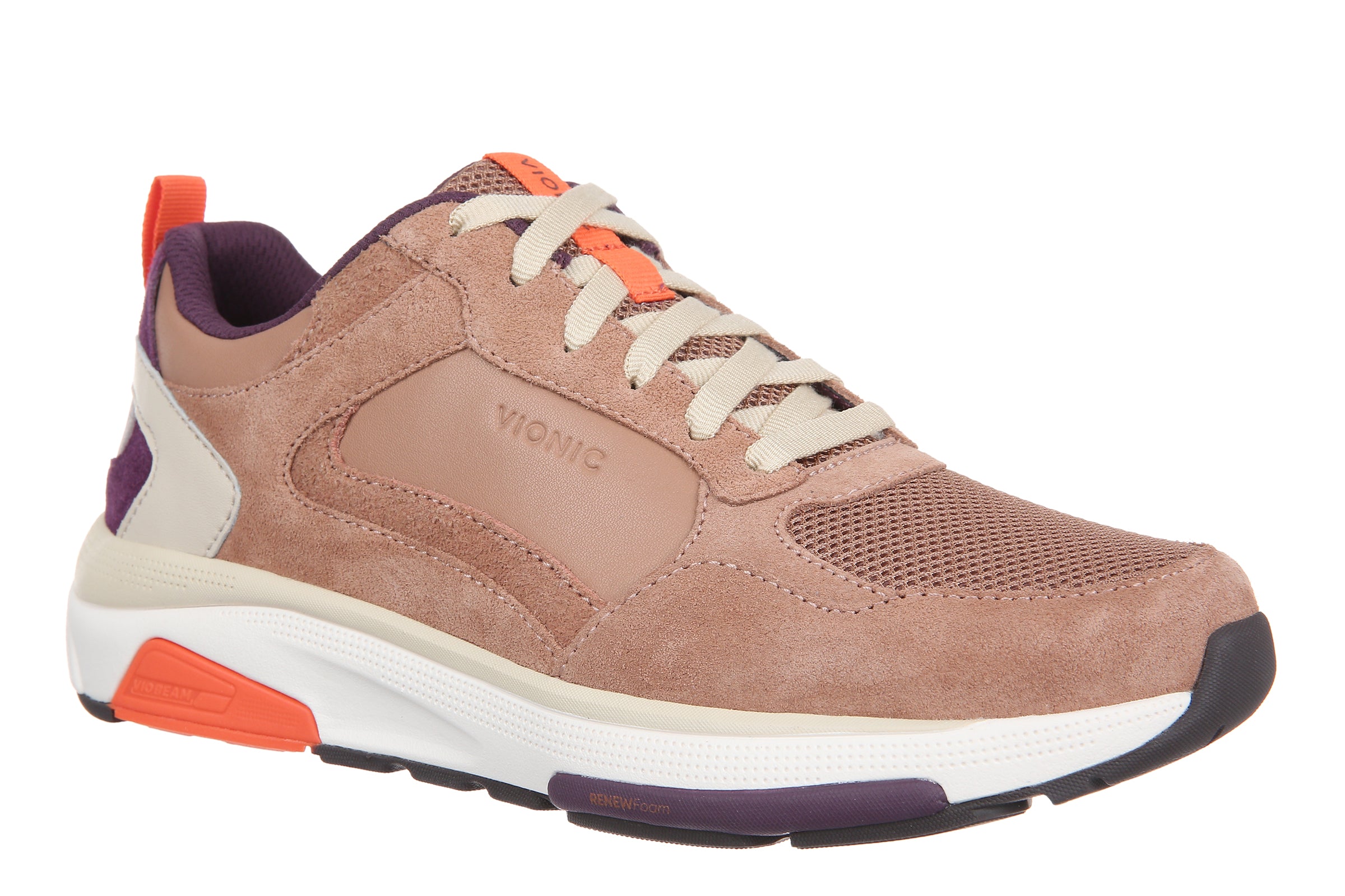 A single Vionic sneaker in a dusty rose and beige colorway with orange accents, cream laces, and a white midsole, shown against a plain white background.