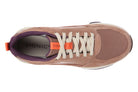 A Vionic sneaker shown from a top-down view, featuring a dusty rose and brown mesh upper, white laces, a purple collar lining, and an orange accent tab.