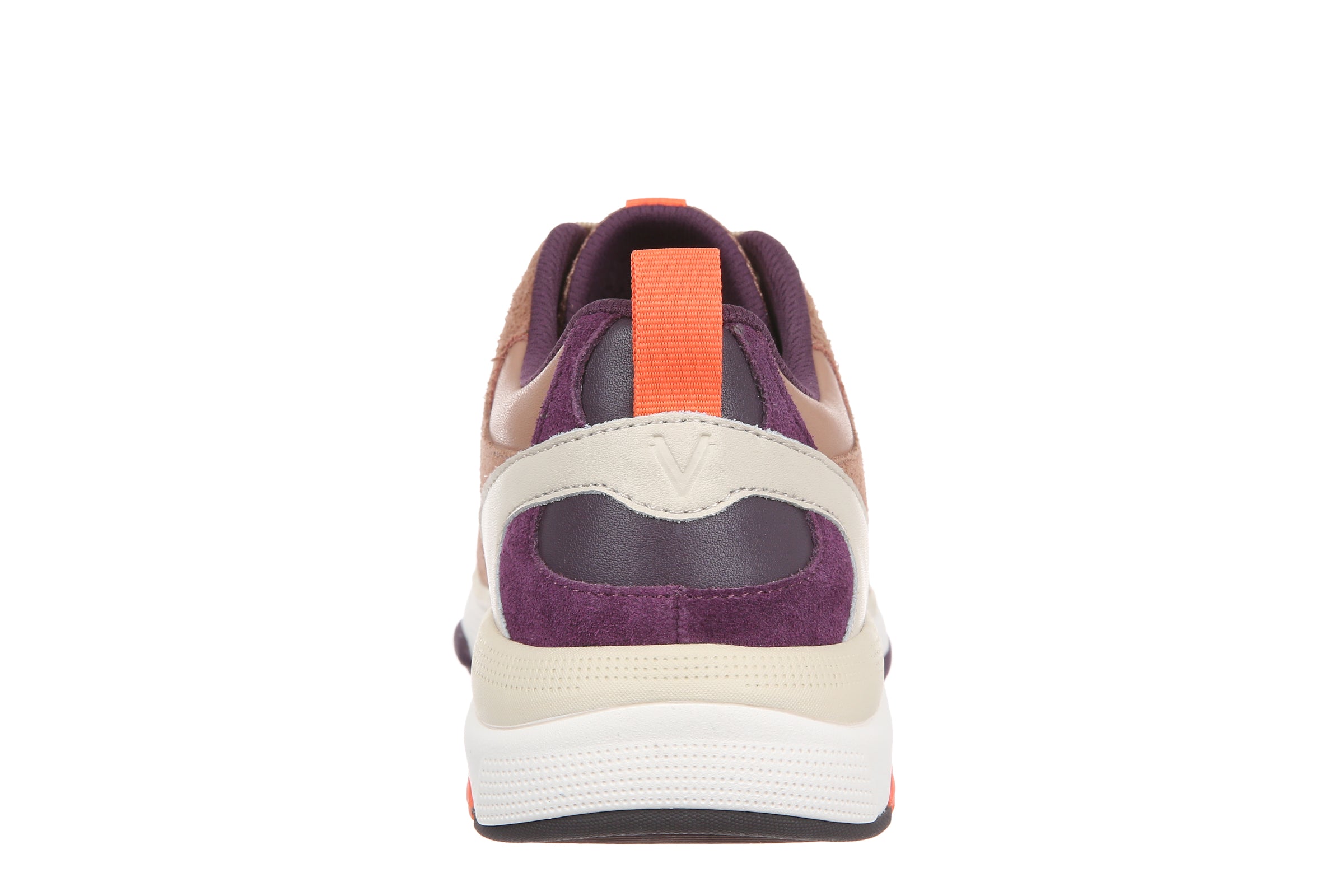 A rear view of a low-top sneaker featuring a purple suede heel counter, a cream leather V-cut overlay, an orange pull tab, and a white midsole on a white background.