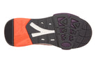 The outsole of a Vionic sneaker, showing a black tread pattern with purple accents, a white Vionic logo, and an orange heel section.