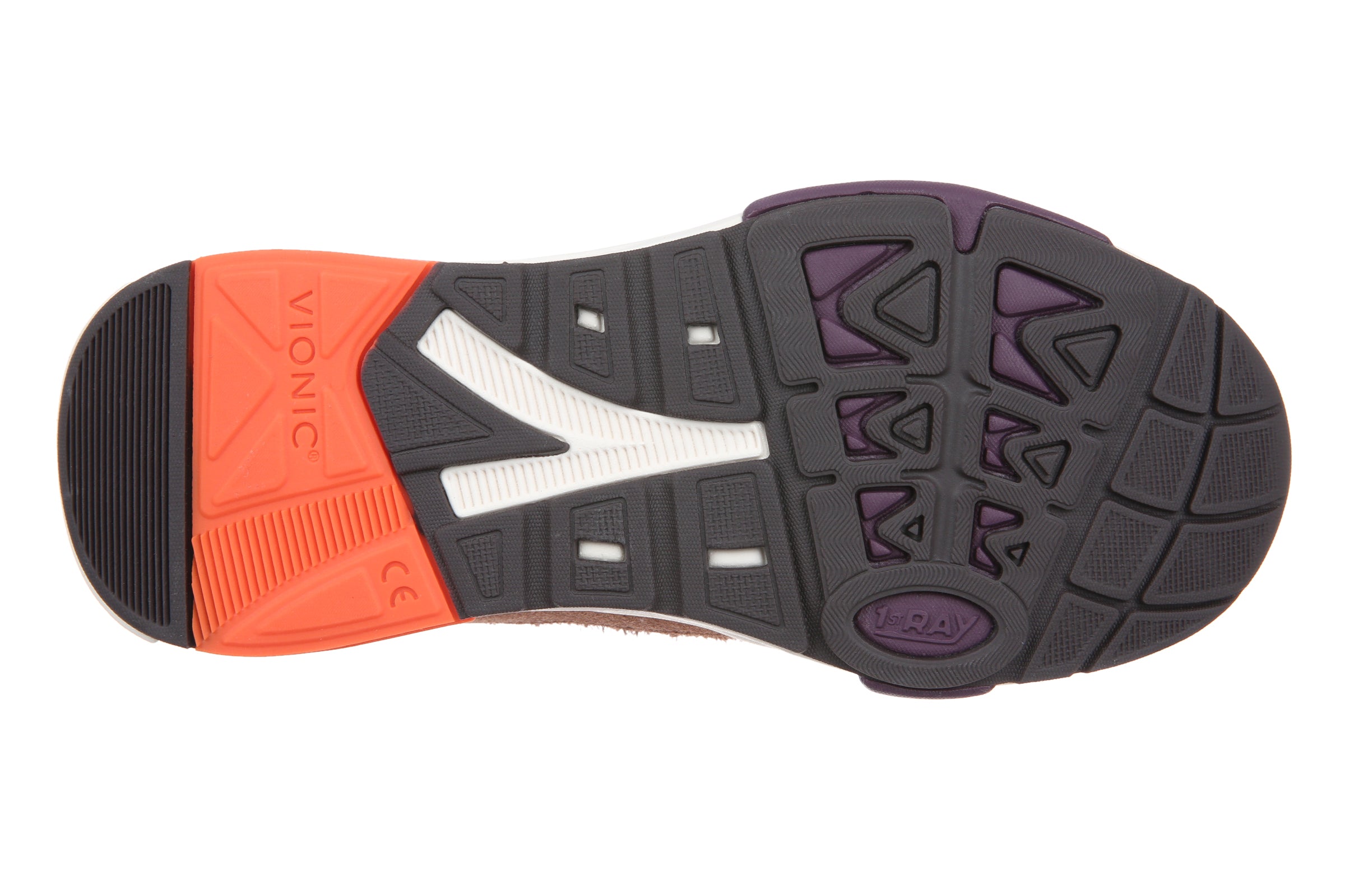 The outsole of a Vionic sneaker, showing a black tread pattern with purple accents, a white Vionic logo, and an orange heel section.