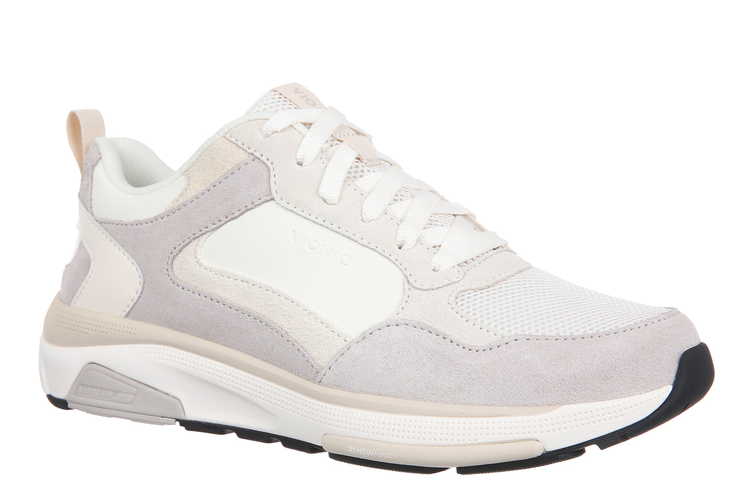 A low-top athletic sneaker in white, light gray, and beige, featuring a mesh and suede upper, white laces, and a thick white midsole with a black outsole.