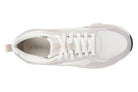 A top-down view of a white Vionic sneaker with white laces, white mesh panels, and a light gray suede overlay on the side, set against a plain white background.