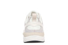 A white and light gray sneaker shown from the back, featuring a thick white midsole with a beige accent layer and a black outsole.